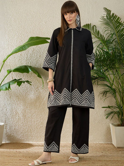 Embroidered Thread Work Pure Cotton A Line Kurta With Trousers