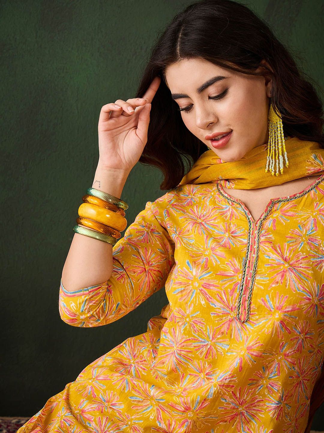 Dhiyona SN Women's Floral Printed Sequinned V-Neck Straight Kurta & Trouser With Dupatta