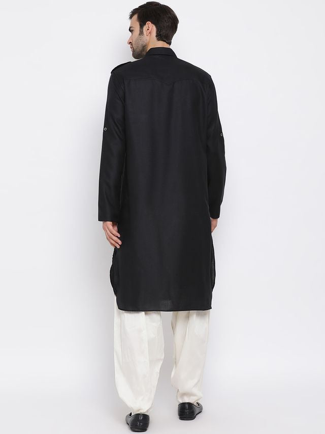 Men's Black Cotton Blend Pathani Pathani Kurta Set