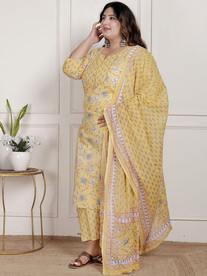 Dhiyona KL Women Floral Printed Pure Cotton Kurta with Trousers & Dupatta