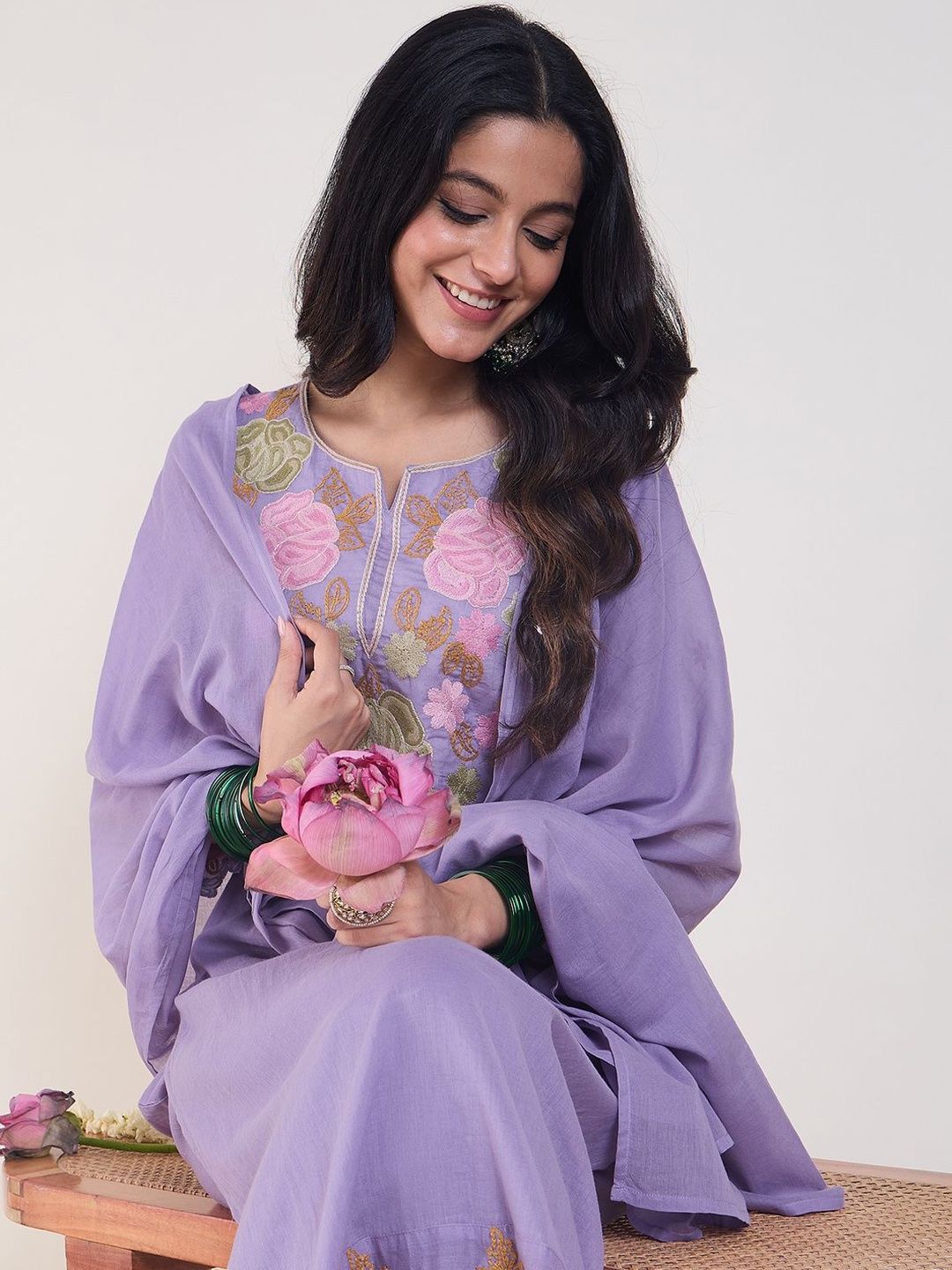 Floral Embroidered Thread Work Pure Cotton Straight Kurta With Trousers & Dupatta