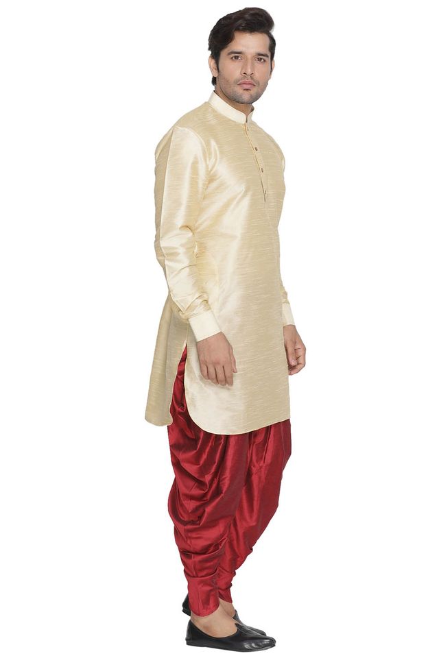 Men's Gold Silk Blend Pathani Kurta and Dhoti Set