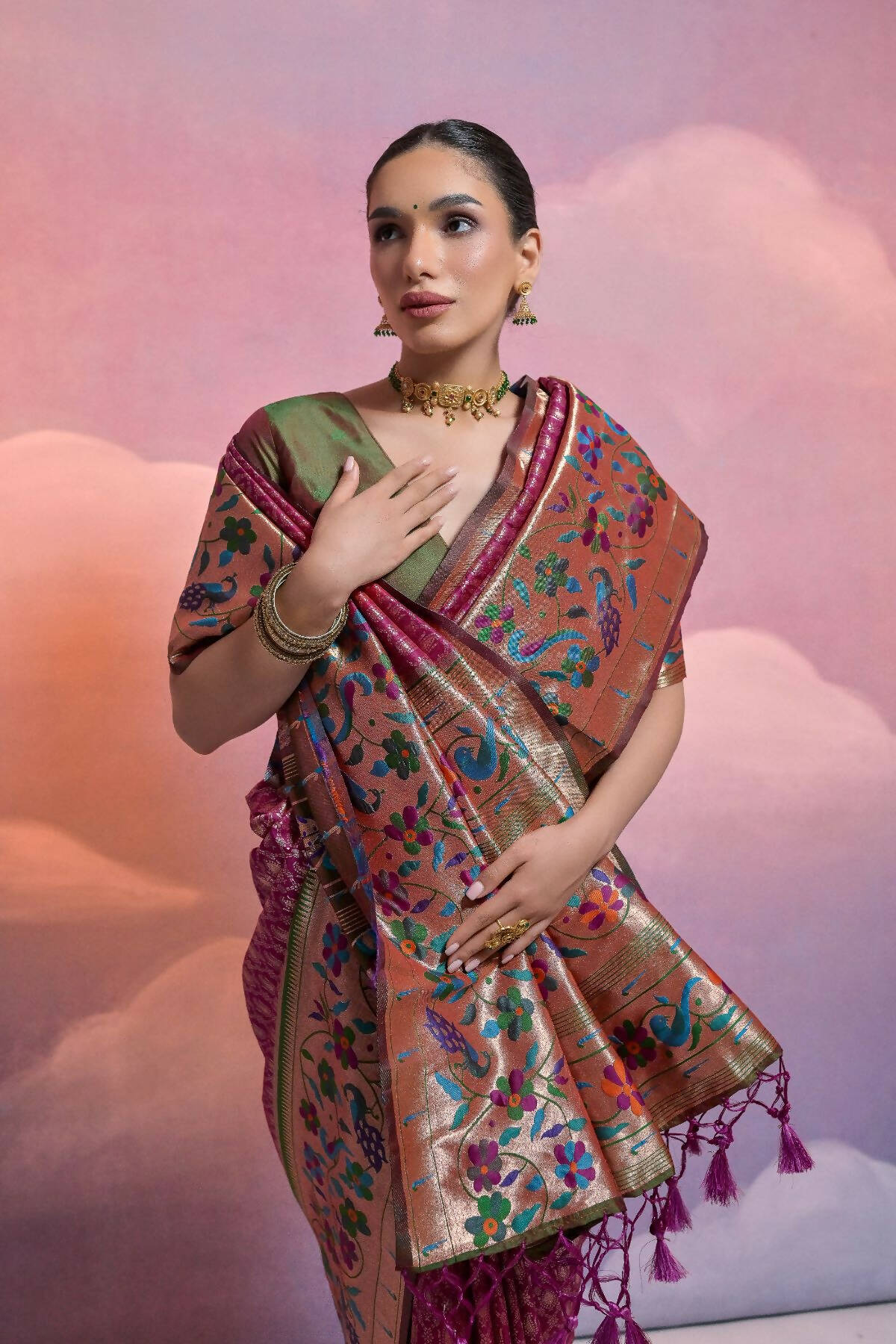 Women Paithani Vani Wine Saree With Unstiched Blouse