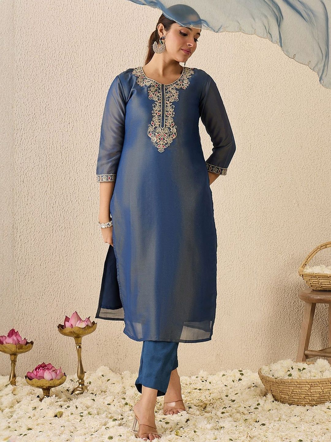 Women Ethnic Motifs Embroidered Regular Liva Kurta with Trousers & Dupatta