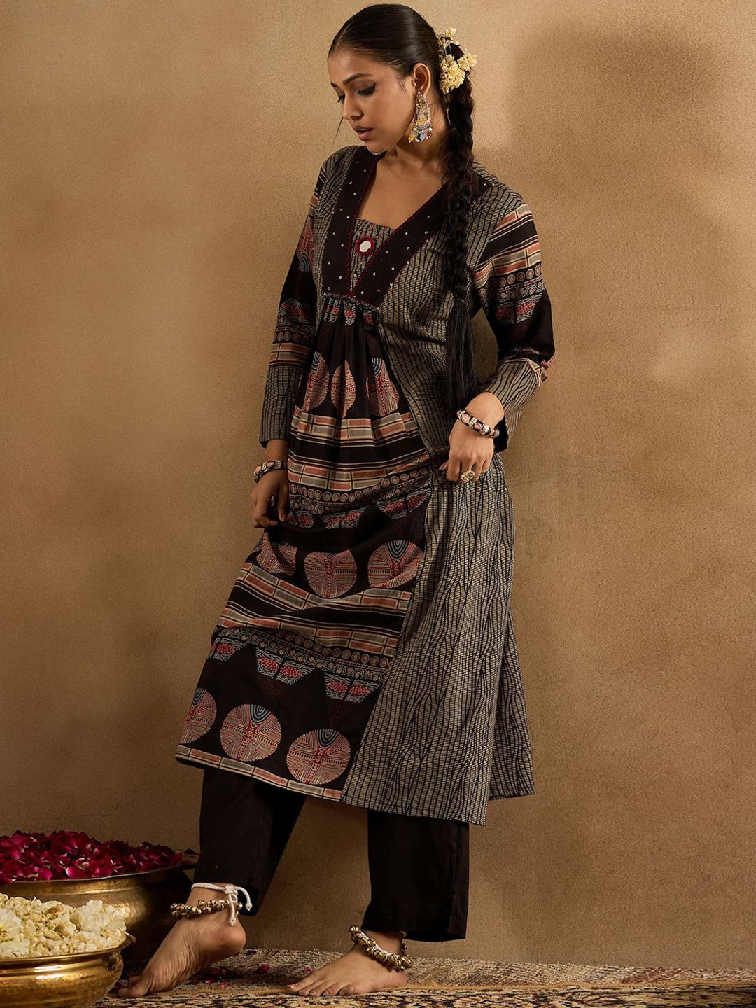 Geometric Printed Panelled Sequinned Pure Cotton A-Line Kurta With Trousers