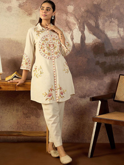 Dhiyona IE Embroidered Shirt Collar Pure Cotton Tunic With Trousers