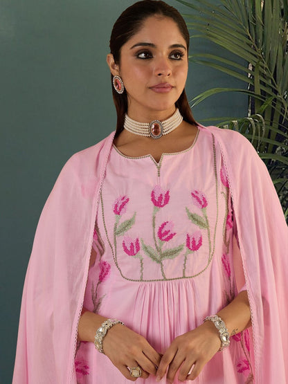 Women Floral Embroidered Panelled Thread Work Pure Cotton Kurta with Trousers & With Dupatta