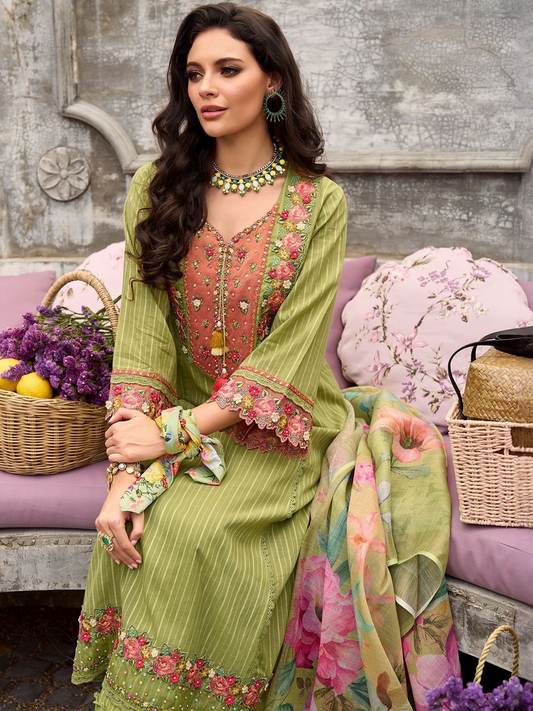 Women Floral Embroidered Cotton Kurta with Trousers & Dupatta