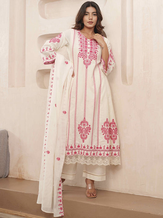 Dhiyona PD Women Floral Embroidered Pure Cotton Kurta & Trousers With Dupatta