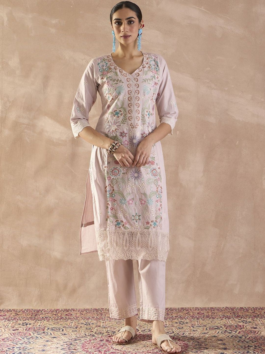Floral Embroidered V-Neck Thread Work Pure Cotton Kurta With Trousers & Dupatta