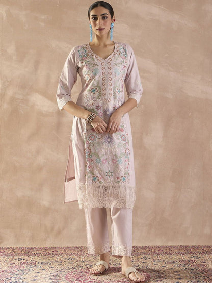 Floral Embroidered V-Neck Thread Work Pure Cotton Kurta With Trousers & Dupatta