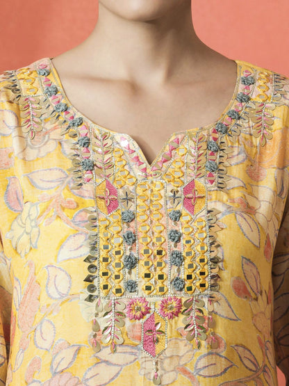 Dhiyona SN Women's Floral Embroidered V-Neck Mirror Work Cotton Straight Kurta With Trouser & Dupatta