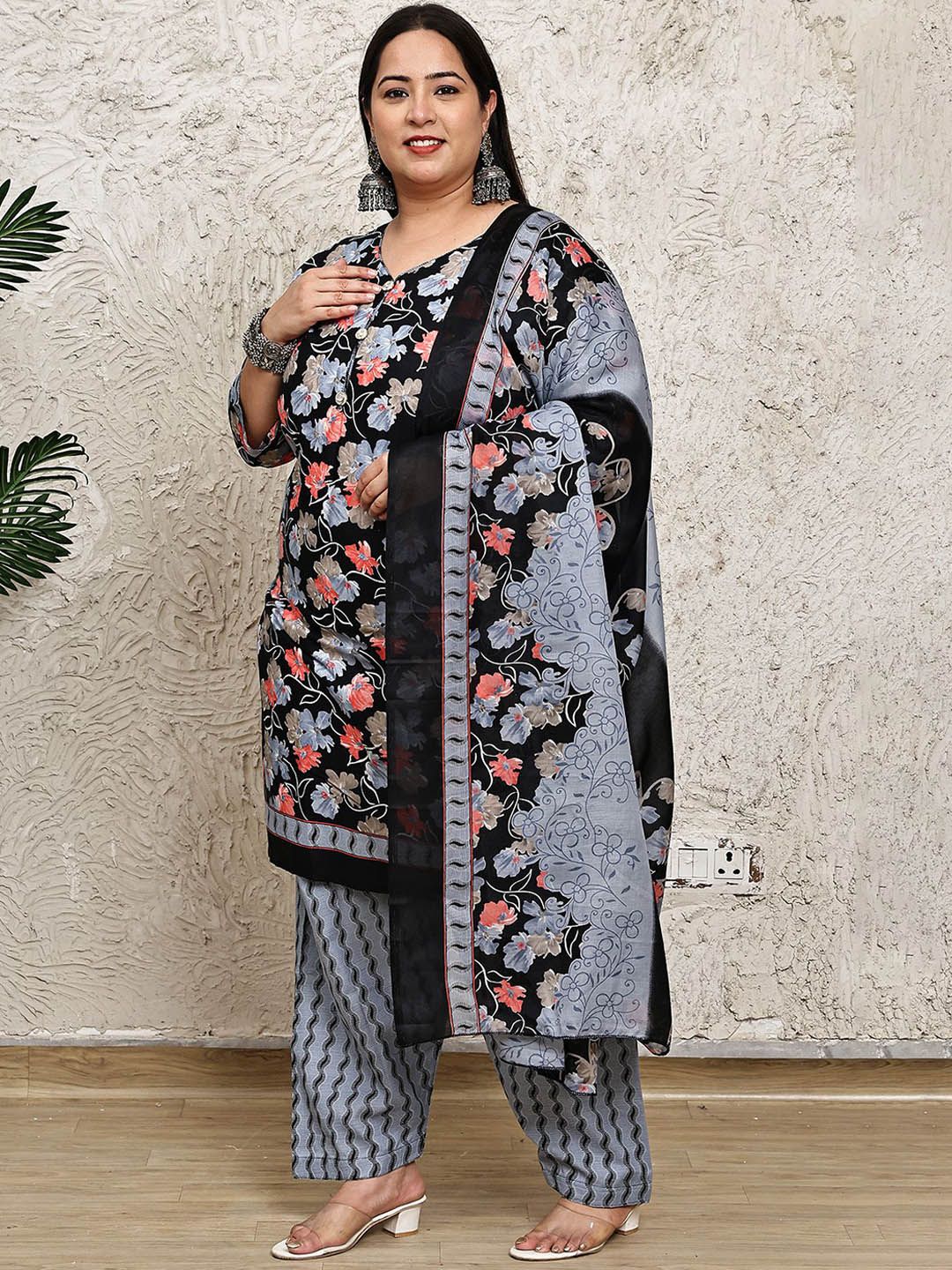 Dhiyona KL Floral Printed Round Neck Straight Kurta With Salwar & Dupatta