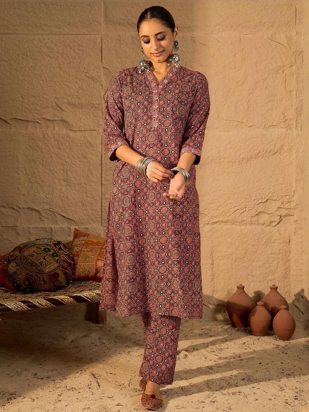 Dhiyona IE Printed Pure Cotton V-Neck Tunic With Trouser