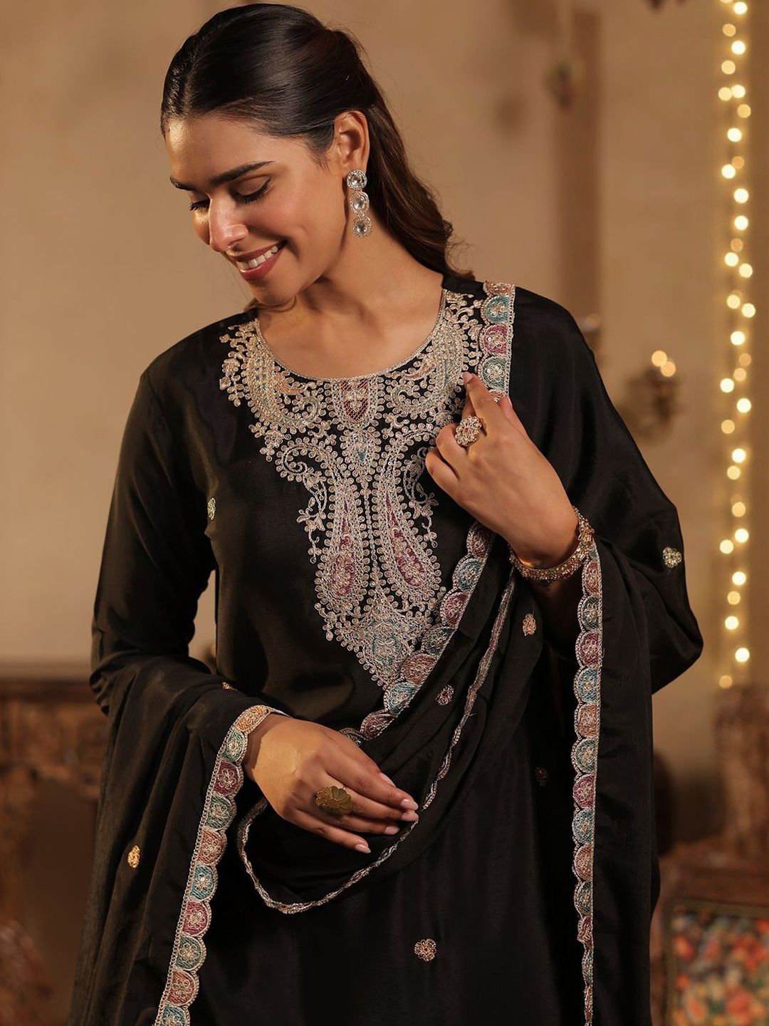 Women Paisley Embroidered Regular Sequinned Straight Kurta with Palazzos &Dupatta