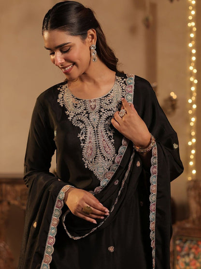 Women Paisley Embroidered Regular Sequinned Straight Kurta with Palazzos &Dupatta