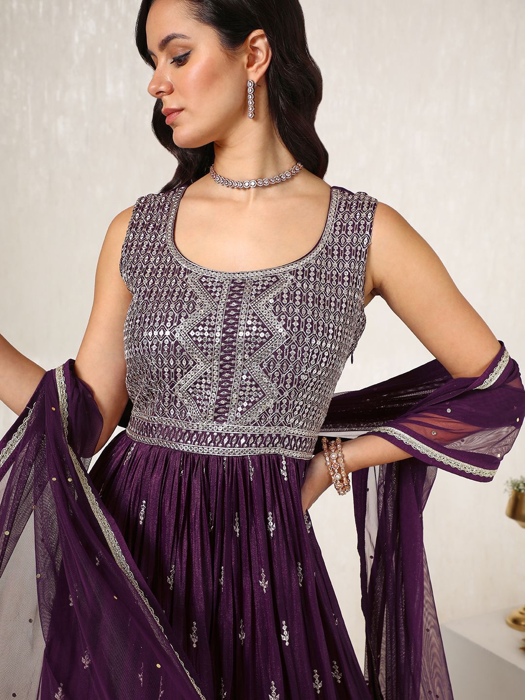 Dhiyona SO Women's Geometric Embroidered Regular Sequinned Anarkali Kurta & Churidar With Dupatta