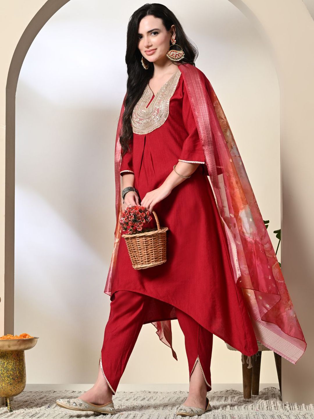 Dhiyona SN Women's Floral Yoke Design Pleated Sequinned A-Line Kurta With Dhoti Pants & Dupatta