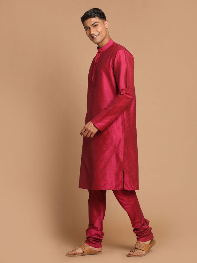 Men's Magenta Cotton Blend Straight Kurta Pyjama Set