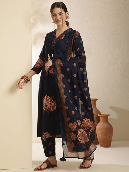 Dhiyona SN Women's Floral Printed Pure Cotton V-Neck Straight Kurta With Trouser & Dupatta