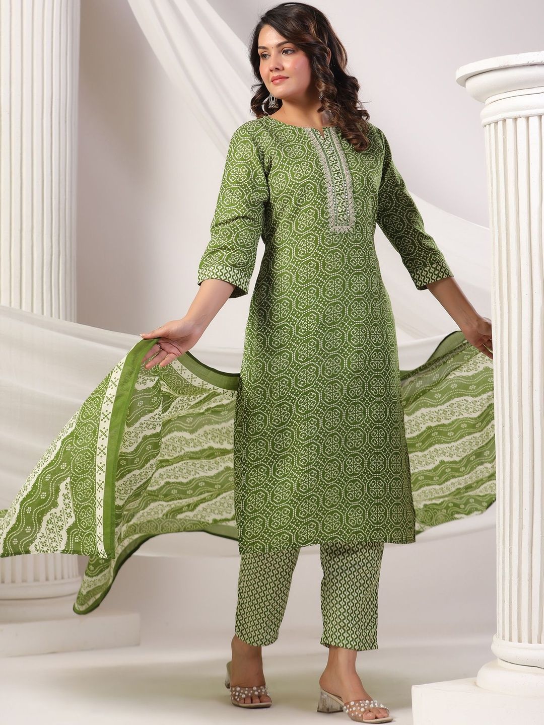 Women Ethnic Motifs Printed Regular Thread Work Pure Cotton Kurta with Trousers & With Dupatta