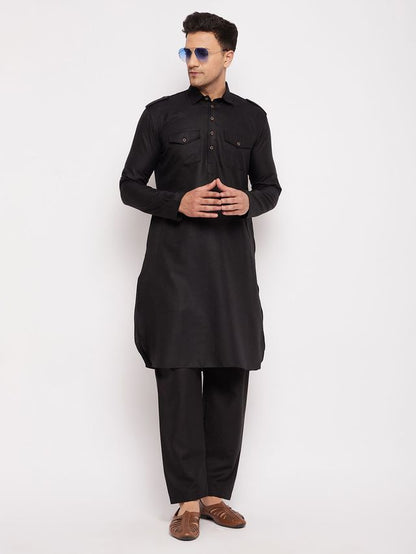 Men's Black Cotton Blend Pathani Pathani Kurta Set