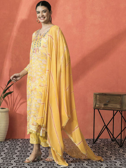 Dhiyona SN Women's Floral Embroidered V-Neck Mirror Work Cotton Straight Kurta With Trouser & Dupatta