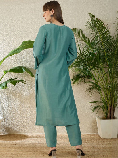 Dhiyona IE Embroidered Round Neck Three-Quarter Sleeves Pure Cotton Tunic And Trousers