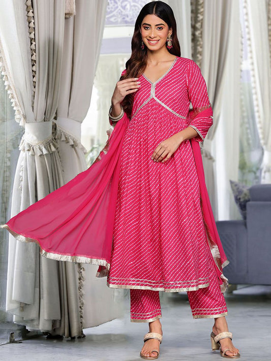 Dhiyona VA Women's Leheriya Printed Pleated Gotta Patti Pure Cotton Kurta with Trousers & With Dupatta