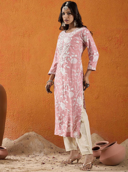 Dhiyona IE Floral Embroidered Thread Work Straight Kurta
