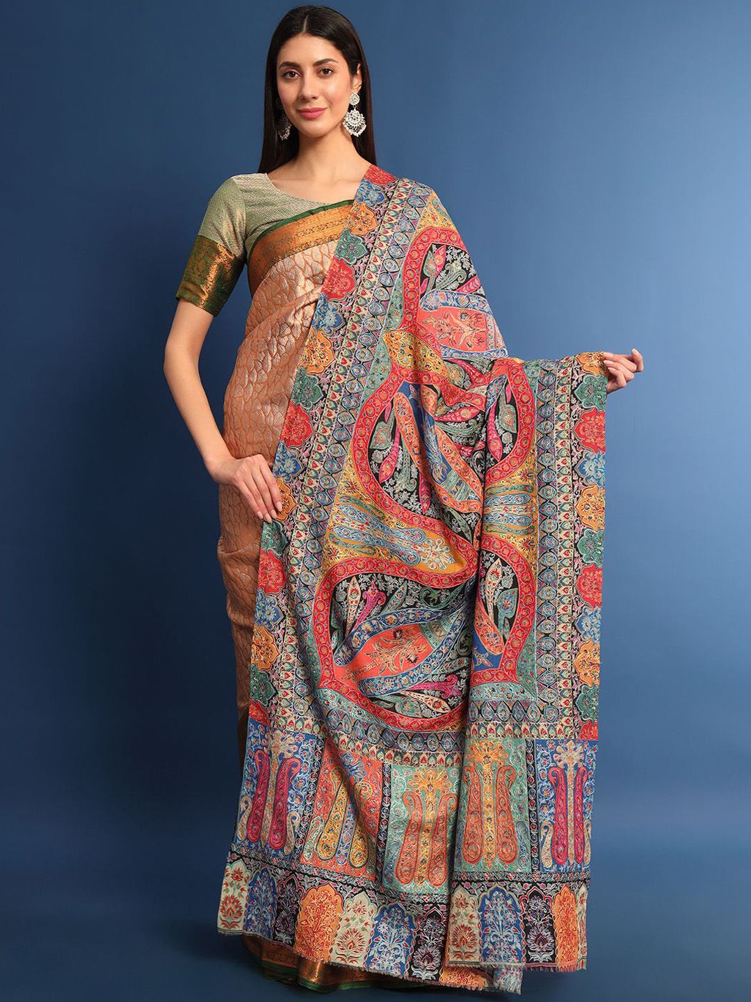Dhiyona PA Ethnic Motifs Embroidered Woollen Kalamkari Shawl