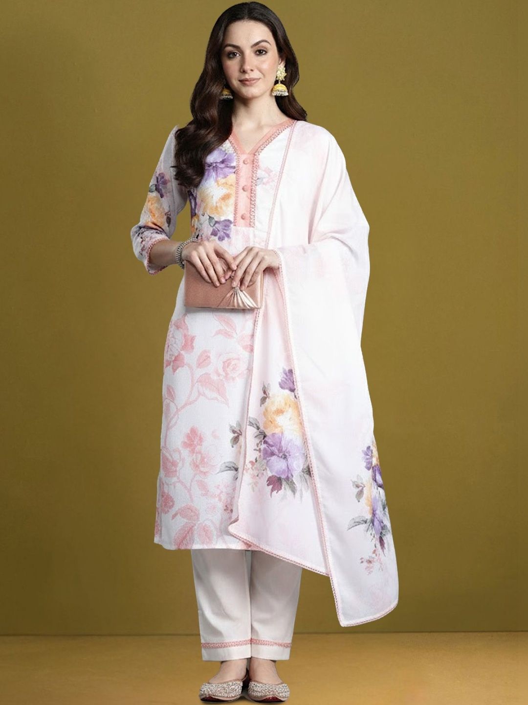Dhiyona IE Women Floral Printed Regular Linen Kurta with Trousers & With Dupatta