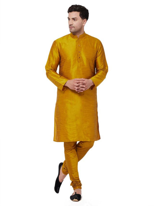Men's Mustard Silk Blend Straight Kurta Pyjama Set