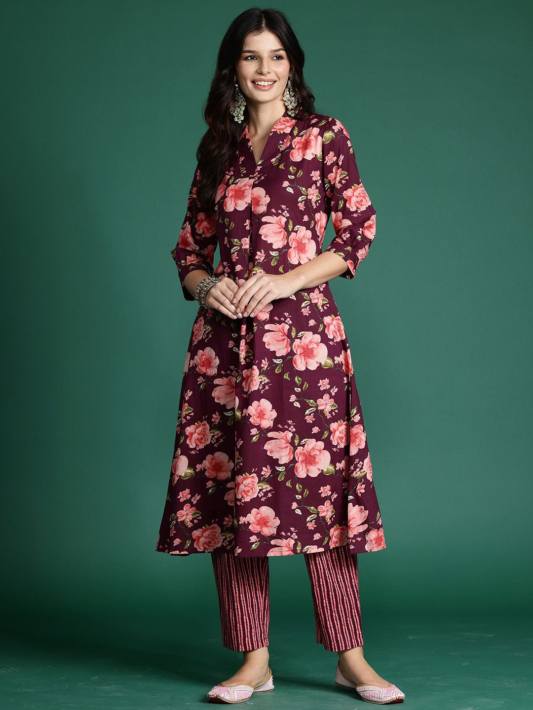 Dhiyona IE Floral Printed V-Neck Pure Cotton A-Line Tunic With Trouser