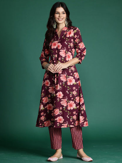 Dhiyona IE Floral Printed V-Neck Pure Cotton A-Line Tunic With Trouser