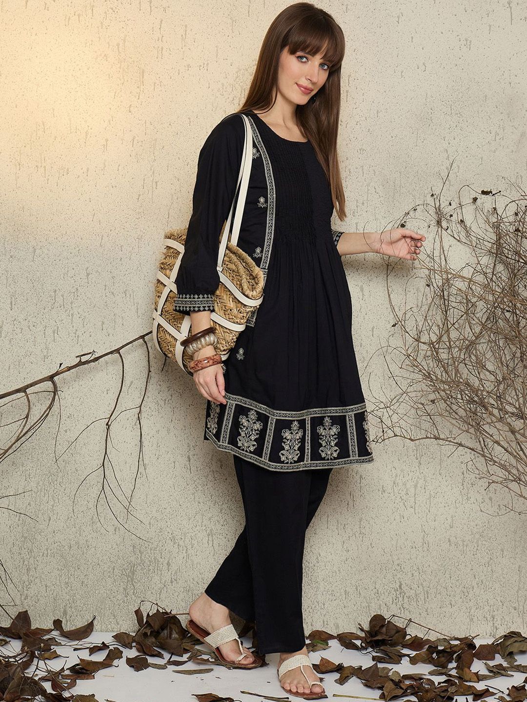 Dhiyona IE Women Embroidered Round Neck Cotton Top and Trousers Co-Ords