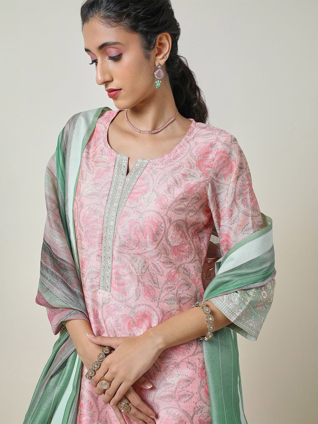 Dhiyona SO Women's Pink Ethnic Motifs Printed Thread Work Chanderi Silk Kurta With Trousers & Dupatta