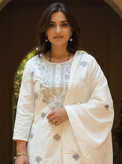 Women Floral Embroidered Round Neck Cotton Kurta with Trousers & Dupatta