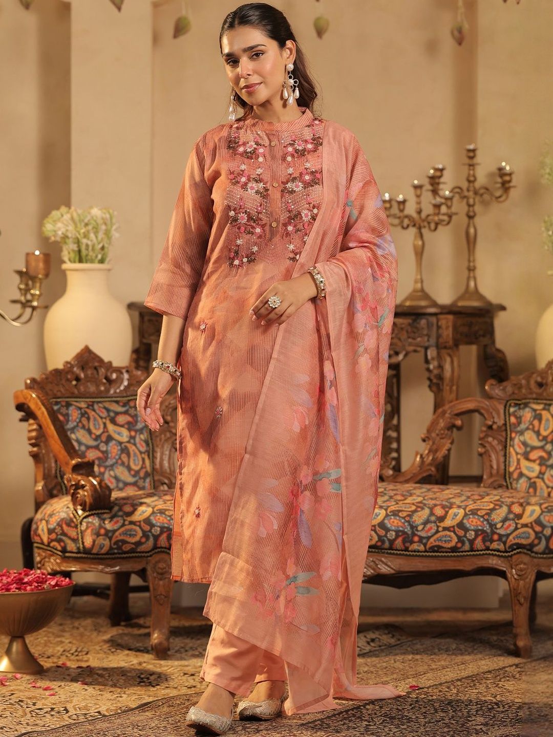 Dhiyona IE Floral Embroidered Thread Work Kurta with Trouser & With Dupatta