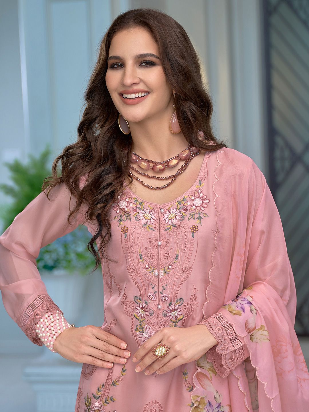 Dhiyona IE Women Floral Embroidered Thread Work Kurta with Trousers & Dupatta Kurta Sets