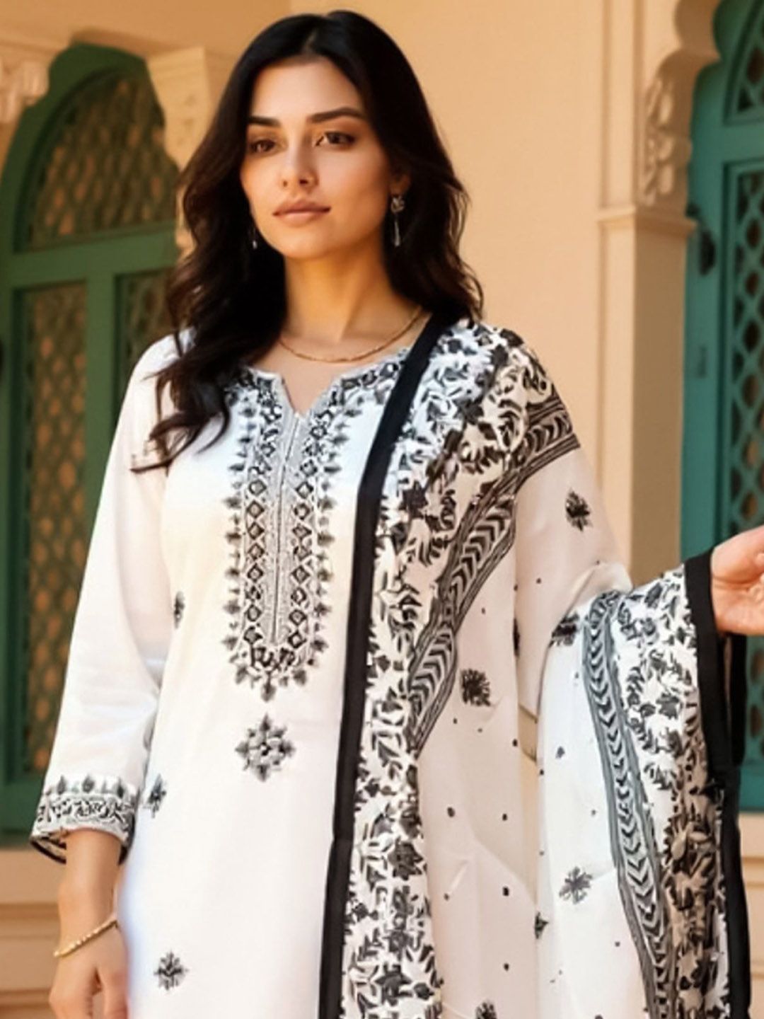 Women Embroidered Sequinned Pure Cotton Kurta with Trousers & Dupatta Kurta Sets