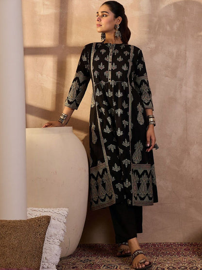 Ethnic Motifs Printed Panelled Band Collar Sequinned Pure Cotton Kurta & Trousers