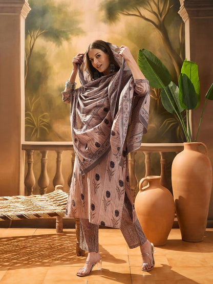 Dhiyona SN Women's Women's Grey Floral Printed Cotton Blend Straight Kurta Pant Dupatta Set