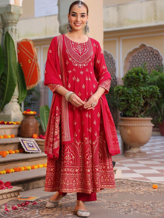 Dhiyona RR Women's Ethnic Motifs Printed Regular Kurta with Trousers & With Dupatta
