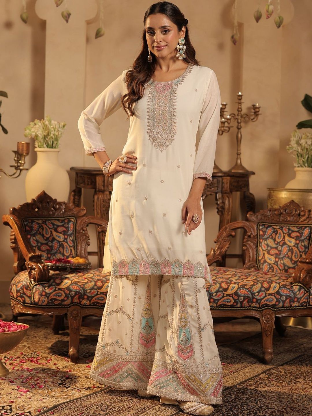 Women Ethnic Motifs Embroidered Kurta with Palazzos & Dupatta