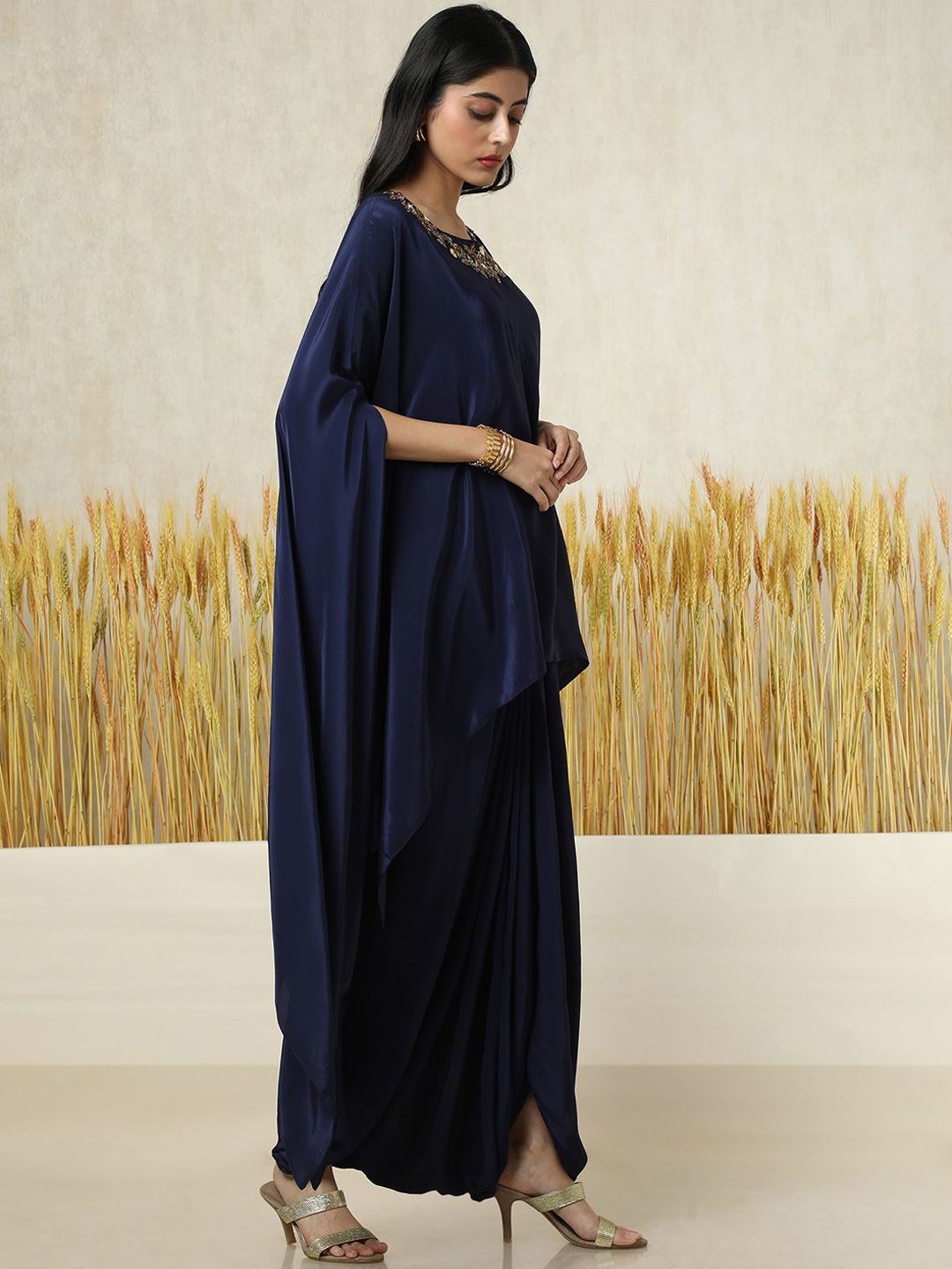 Dhiyona SO Women's Layered Beads and Stones Kaftan Top With Dhoti Pants & Inner