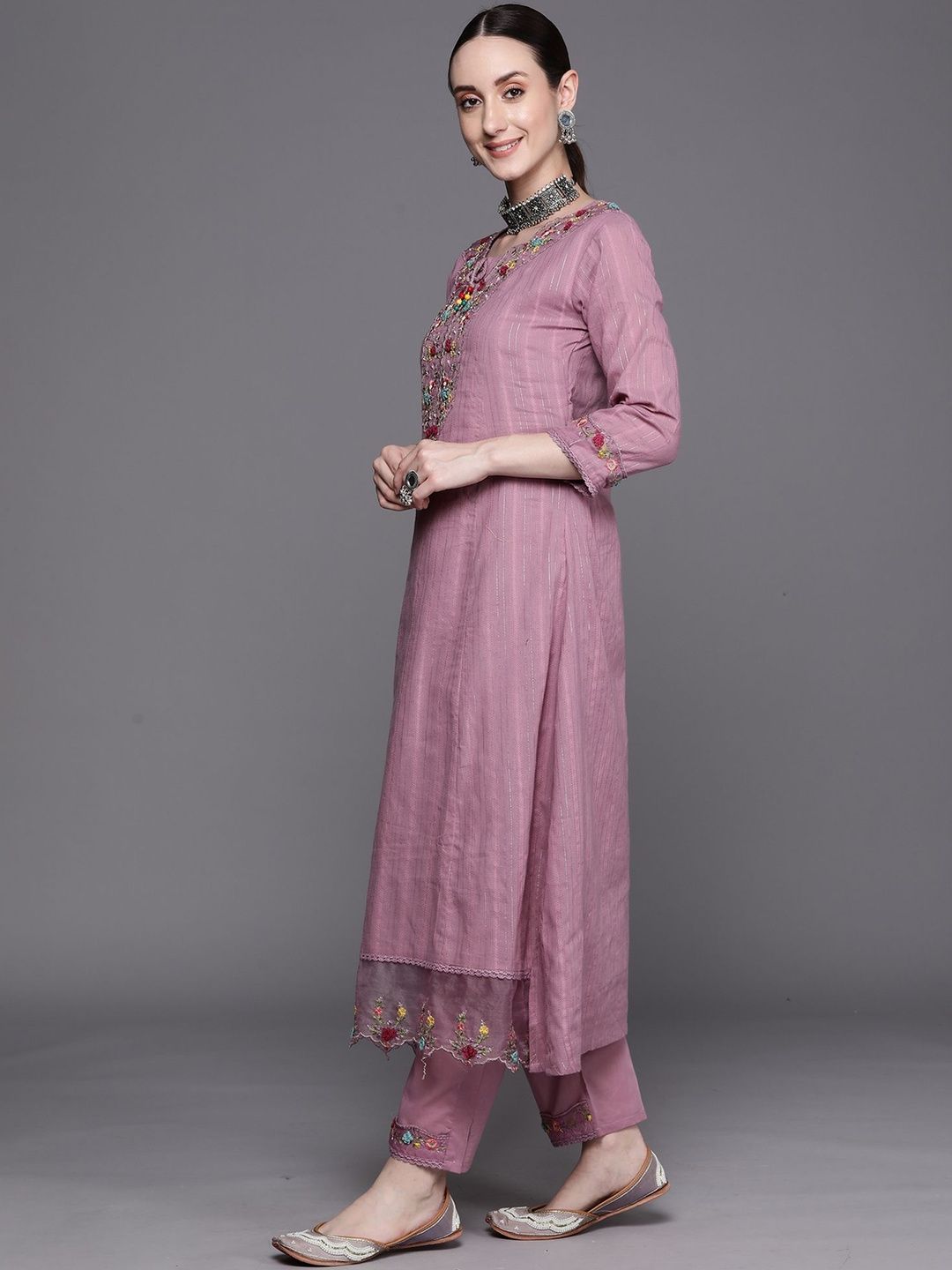 Women Floral Embroidered Cotton Kurta with Trousers & Dupatta