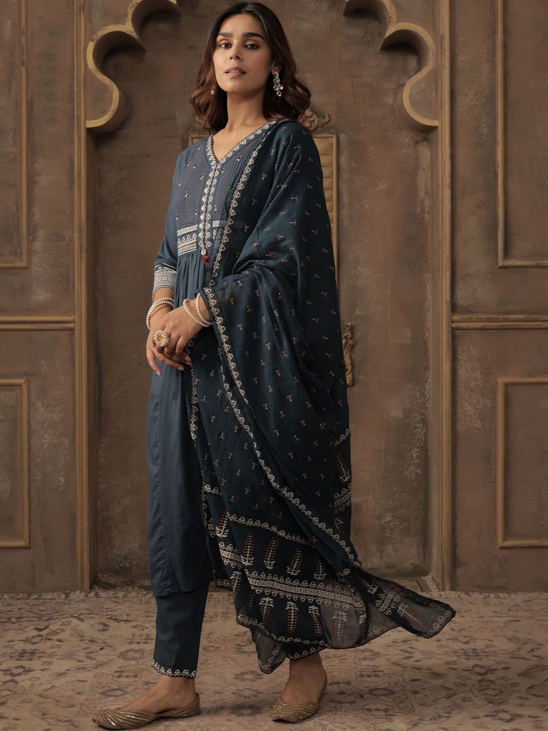 Women Ethnic Motifs Embroidered Cotton A-Line Kurta with Trousers & Dupatta
