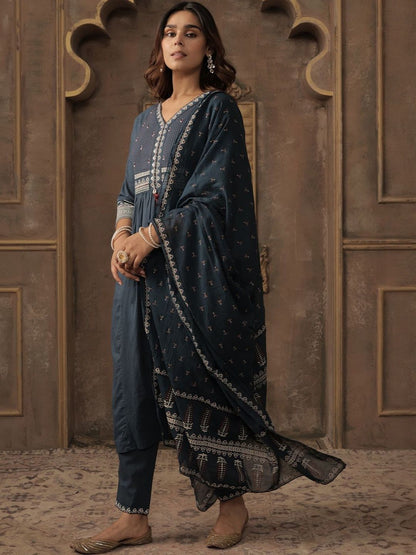 Women Ethnic Motifs Embroidered Cotton A-Line Kurta with Trousers & Dupatta