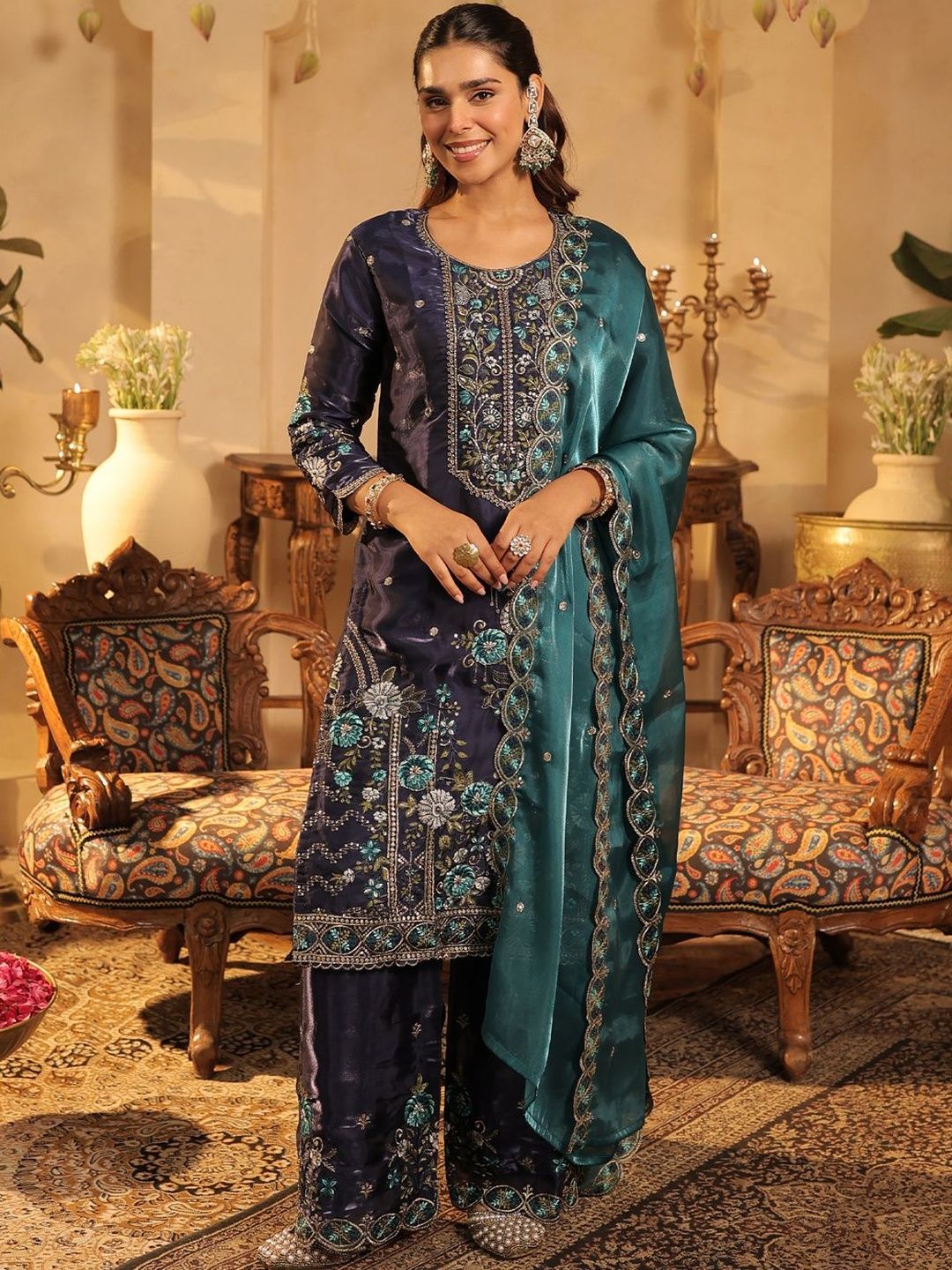 Dhiyona IE Women Ethnic Motifs Embroidered Kurta with Palazzos & Dupatta
